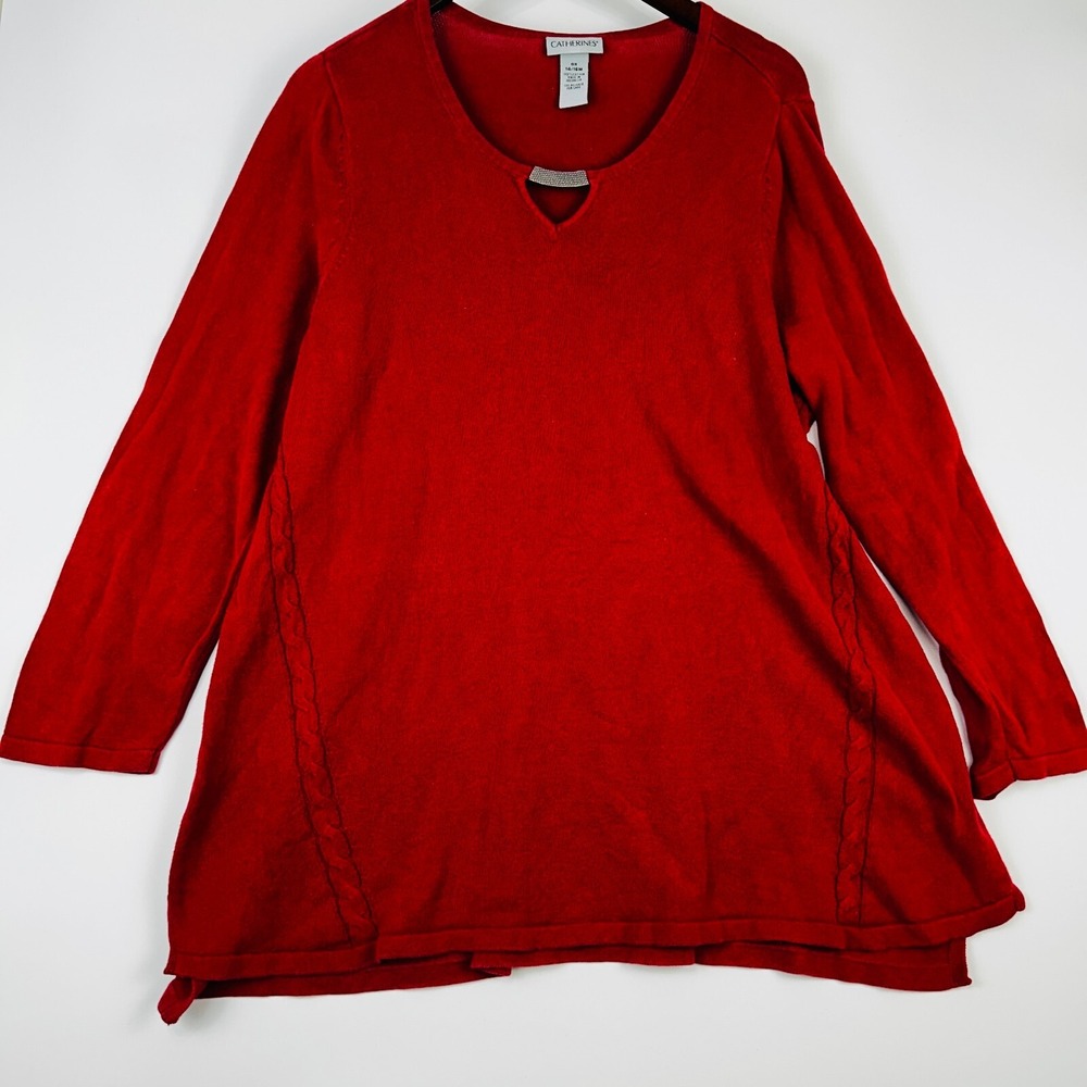Catherines Womens Long‎ Sleeve Top Size 16W Red Cotton Knit Medal Keyhole Neck